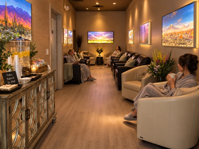 relaxation room, unwind, relax, spa services, fruit infused spa water, snacks, robes, hot tea, new serenity spa