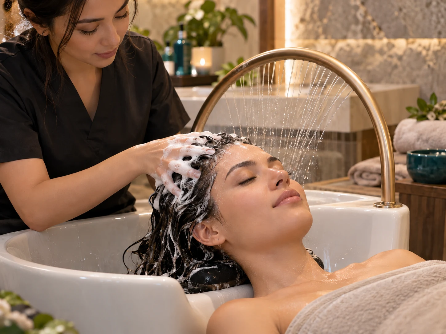 Close view of a Head Spa scalp massage and water ritual at New Serenity Spa